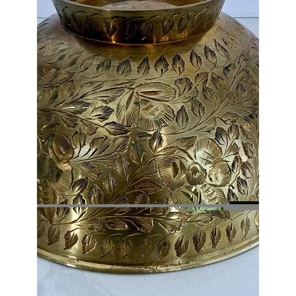Vintage 1970s Indian Brass Pedestal Bowl, Hand Etched Floral Footed Dish Boho